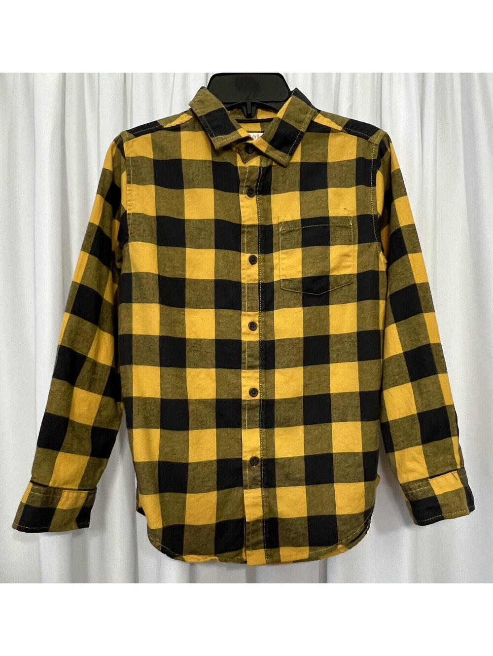 Boys Cat & Jack Flannel Shirt Yellow Black 8/10 Medium Long Sleeve Buffalo Plaid